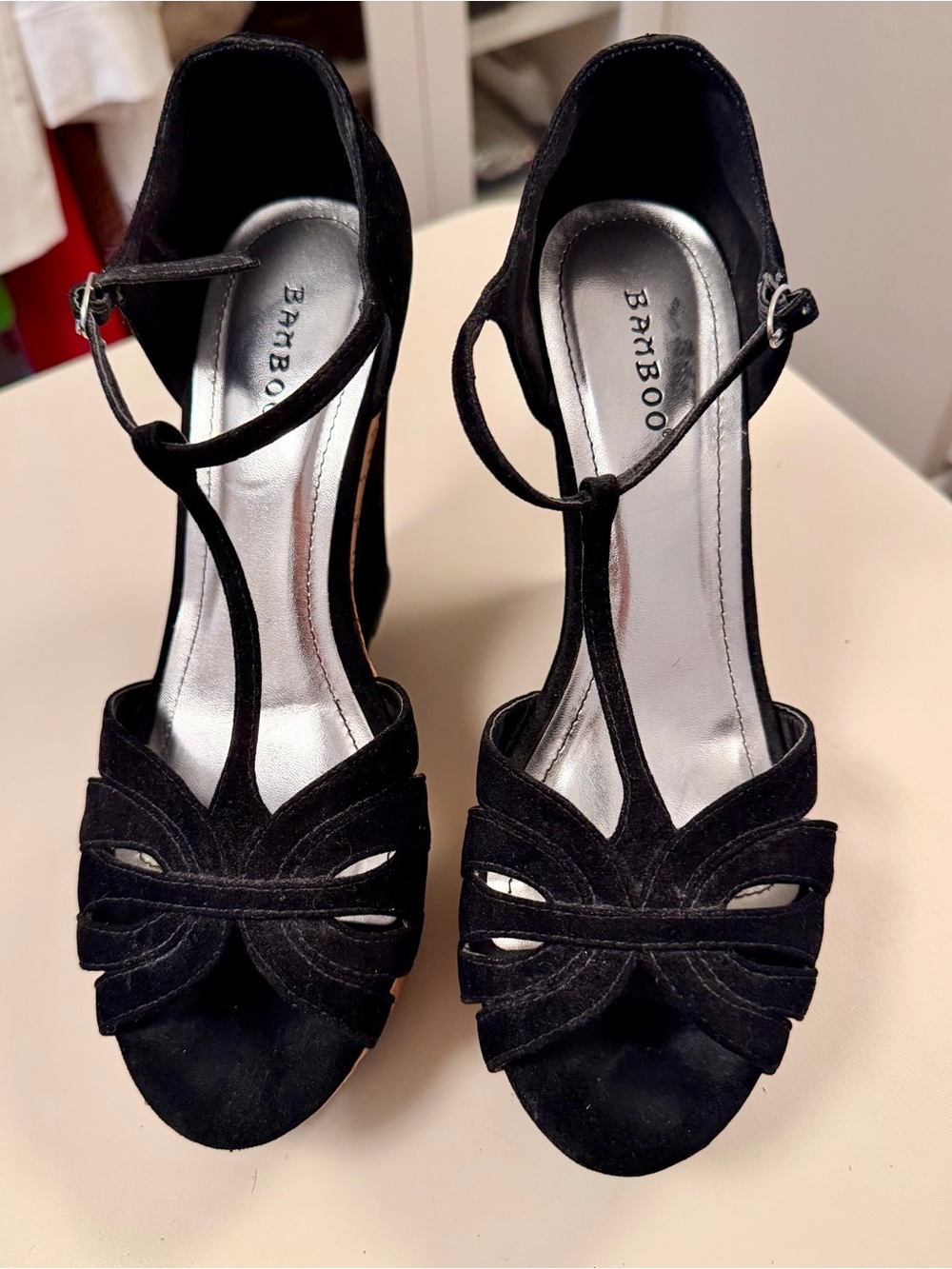 Bamboo Black T-Strap Heels | Faux Suede Ankle Strap Sandals | Size 7.5